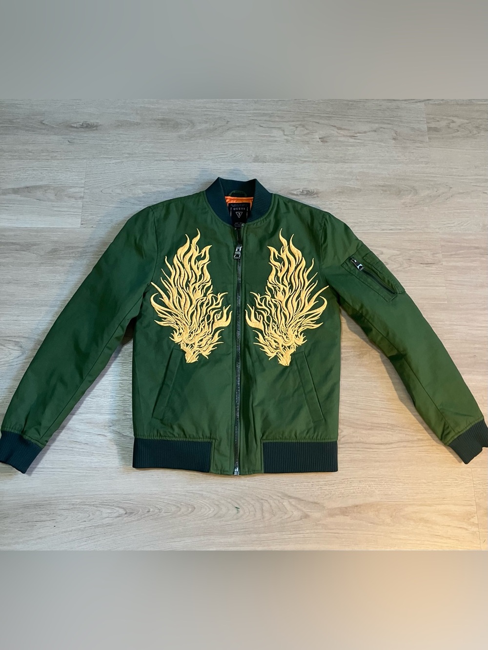 Guess Men's Green Bomber JacketGuess Men's Green Bomber Jacket with Flame Design